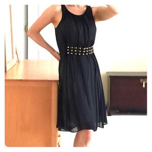 BR BLACK SILK DRESS WITH JEWELED RHINESTONE BELT